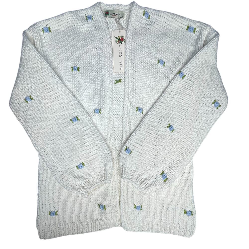 Fanm Mon Winter Bloom Blue Rose Cotton Cardigan Handmade New size XS/S Ivory - Picture 2 of 13